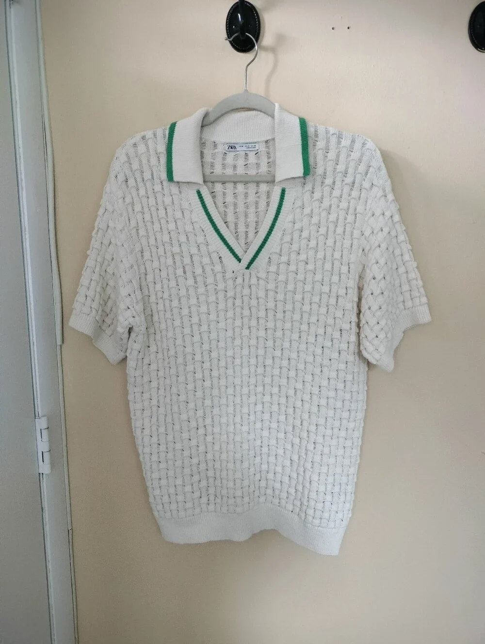 Zara Mens Ivory Linen Cotton Blend Open Knit  Polo Sweater M Preppy Vacation